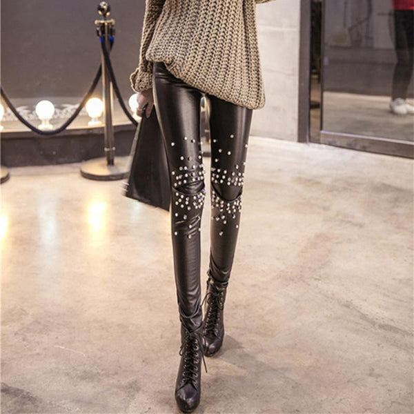 Punk Pearl Leather Leggings