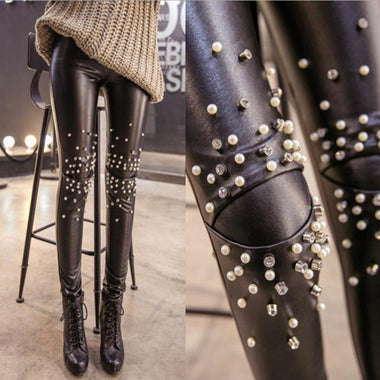 Punk Pearl Leather Leggings