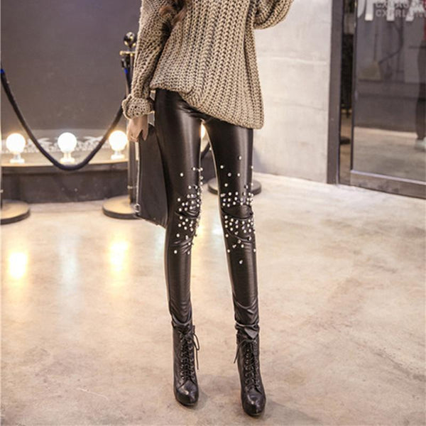 Punk Pearl Leather Leggings