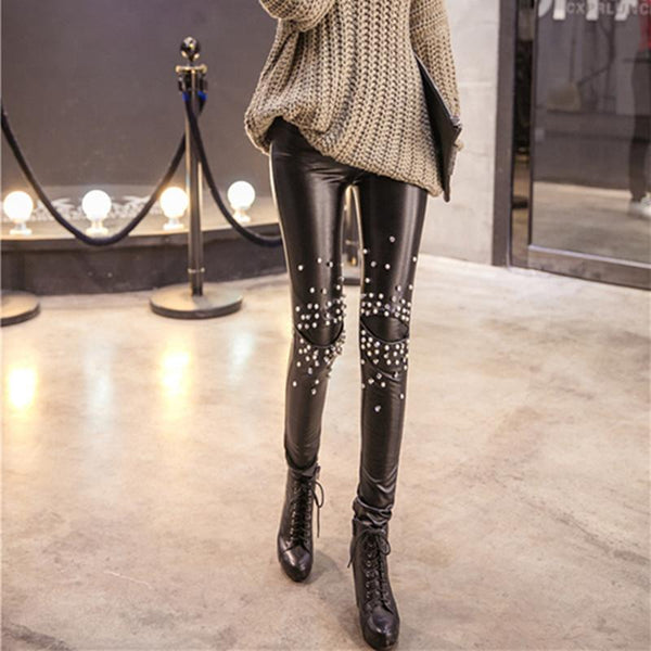 Punk Pearl Leather Leggings
